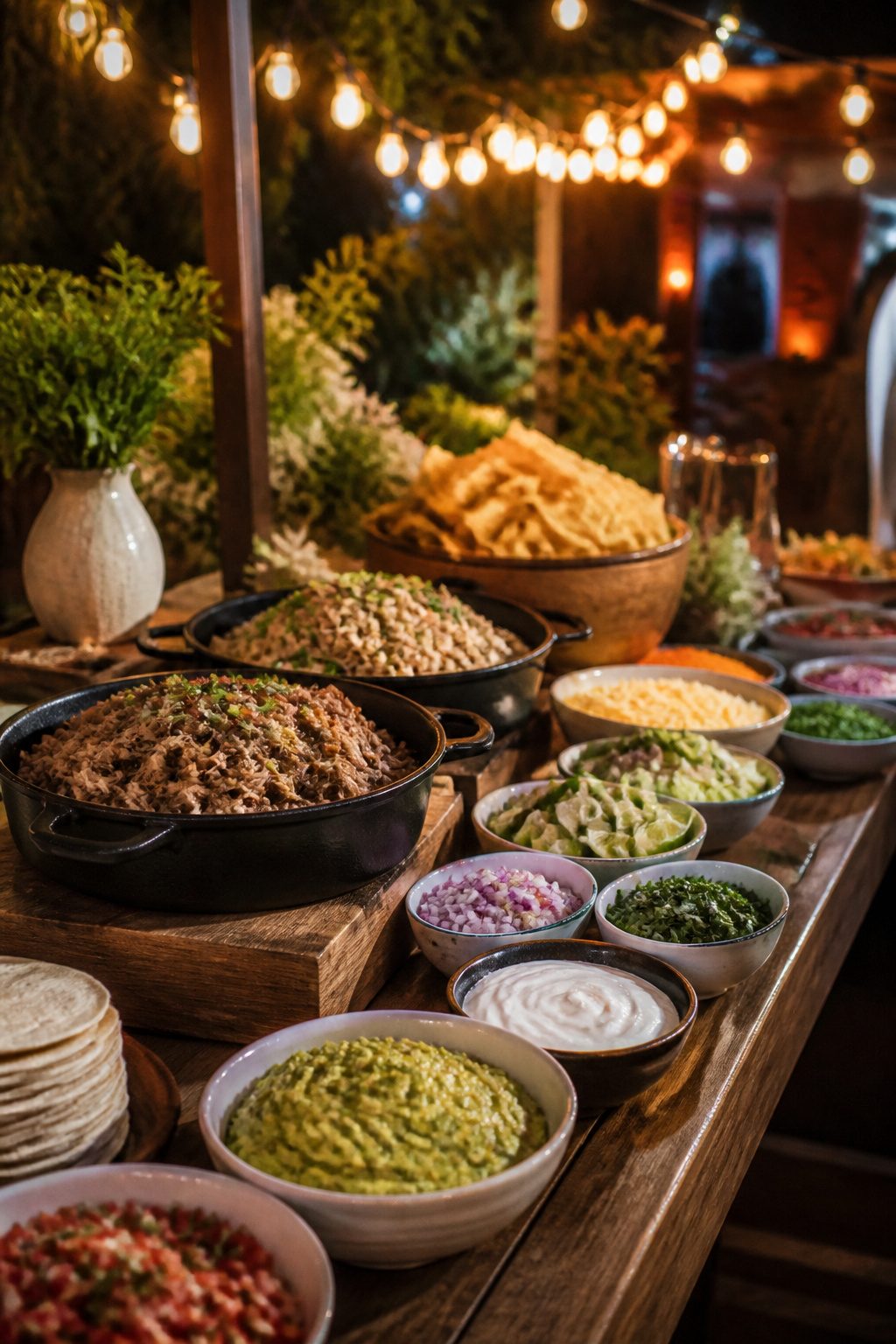 24 Wedding Station Ideas for 2026 Receptions 2 A taco and nacho bar with various toppings and meats displayed.