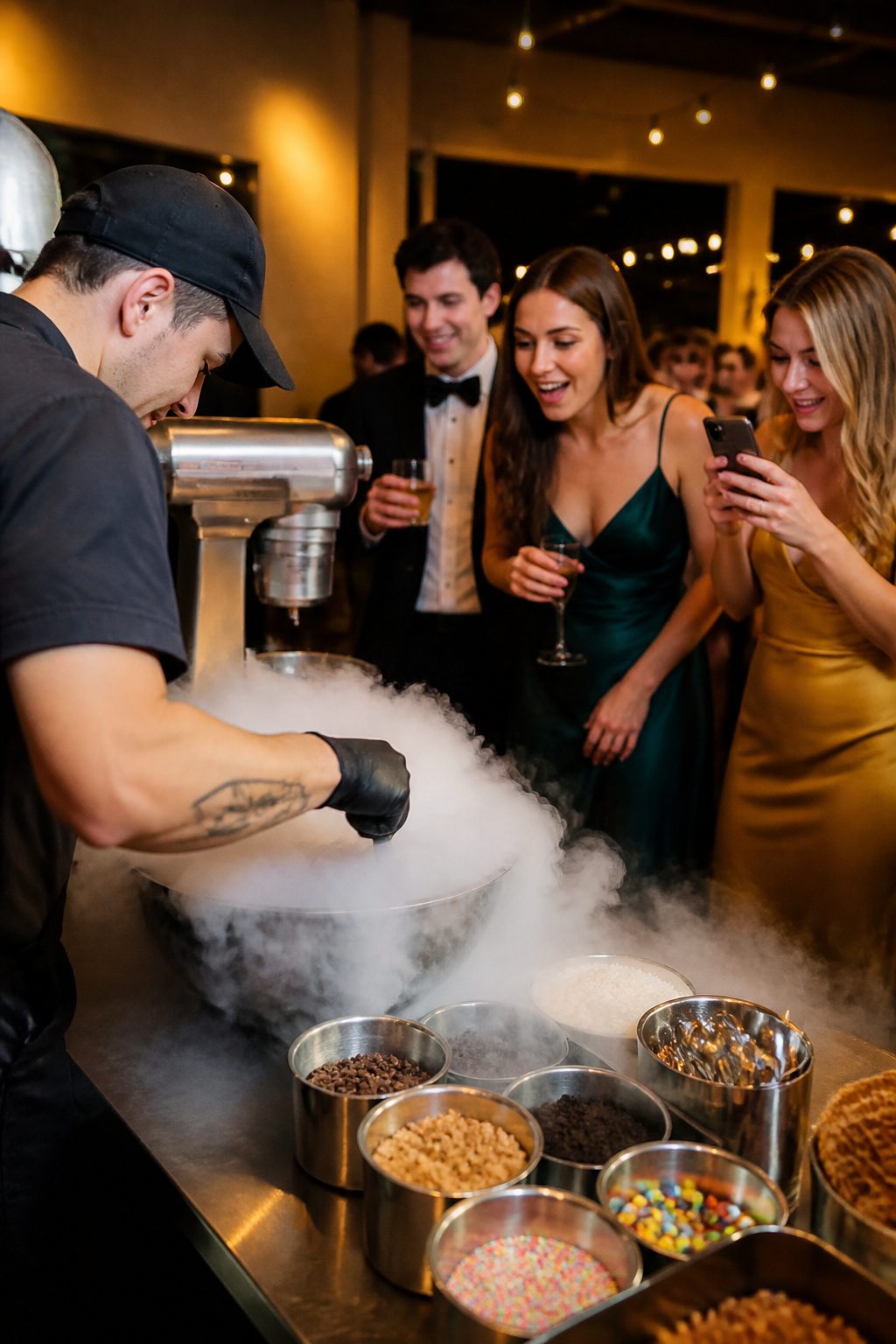 24 Wedding Station Ideas for 2026 Receptions 21 Chef making ice cream with liquid nitrogen at a wedding.