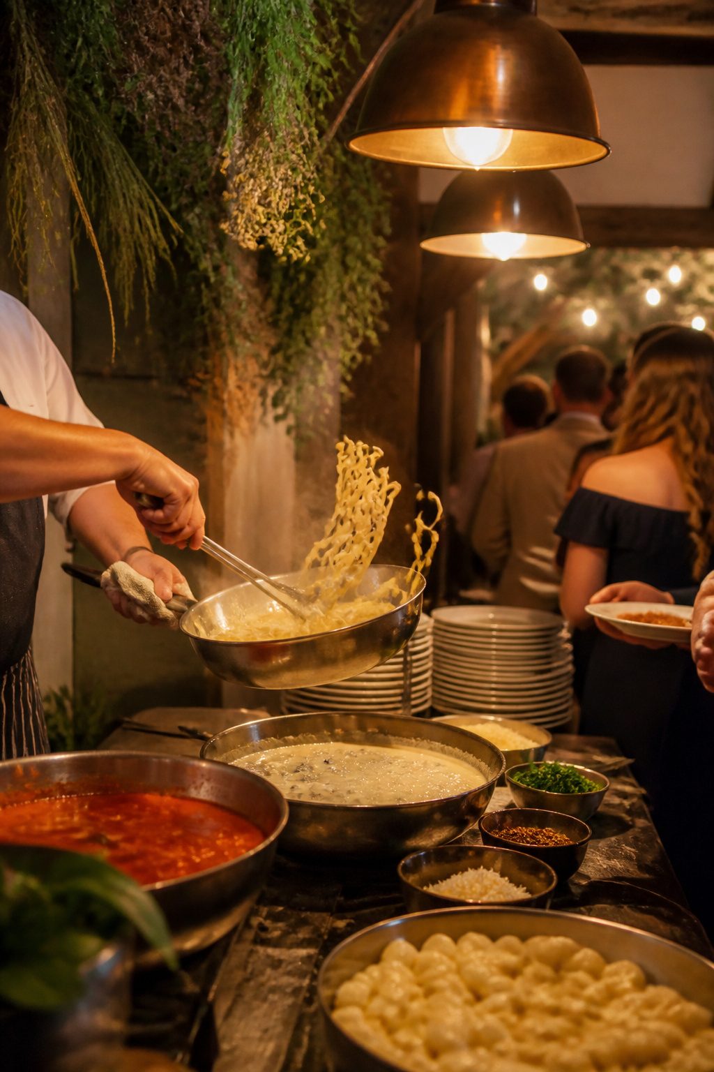 24 Wedding Station Ideas for 2026 Receptions 3 Chef tossing fresh pasta in a pan at a wedding reception.