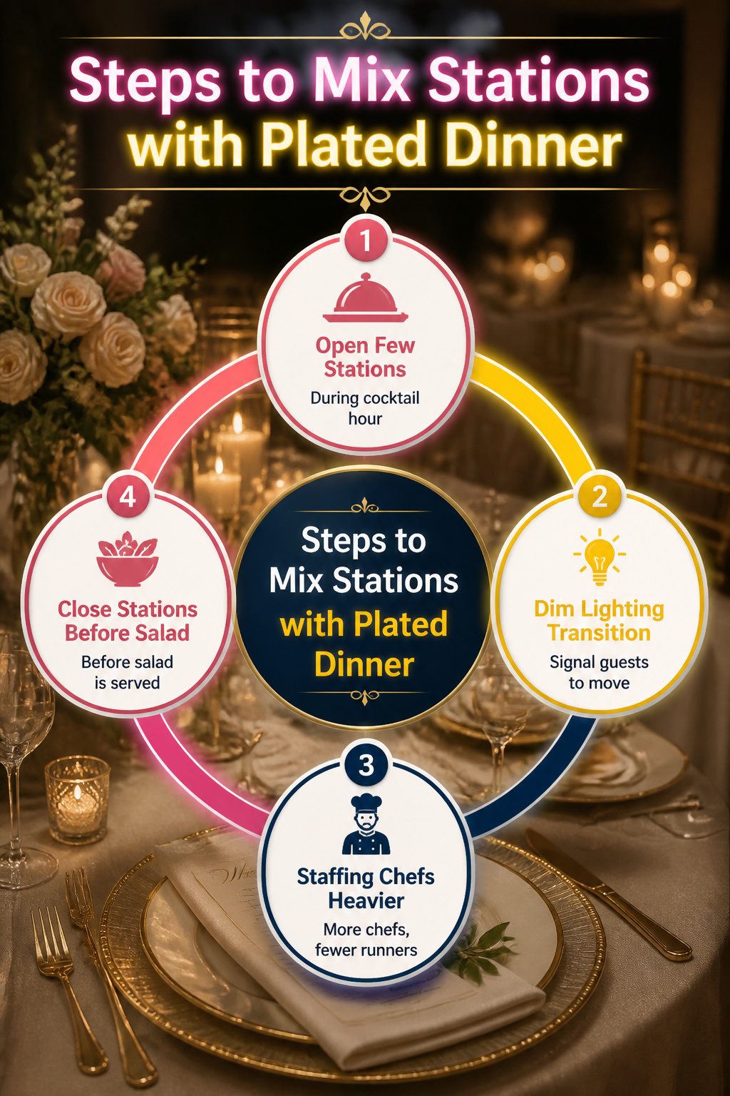 24 Wedding Station Ideas for 2026 Receptions 26 Diagram showing the process of combining stations with plated meals.