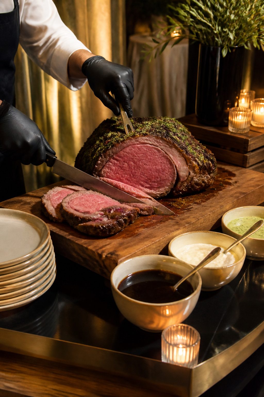 24 Wedding Station Ideas for 2026 Receptions 5 Chef carving prime rib at a wedding reception meat station.