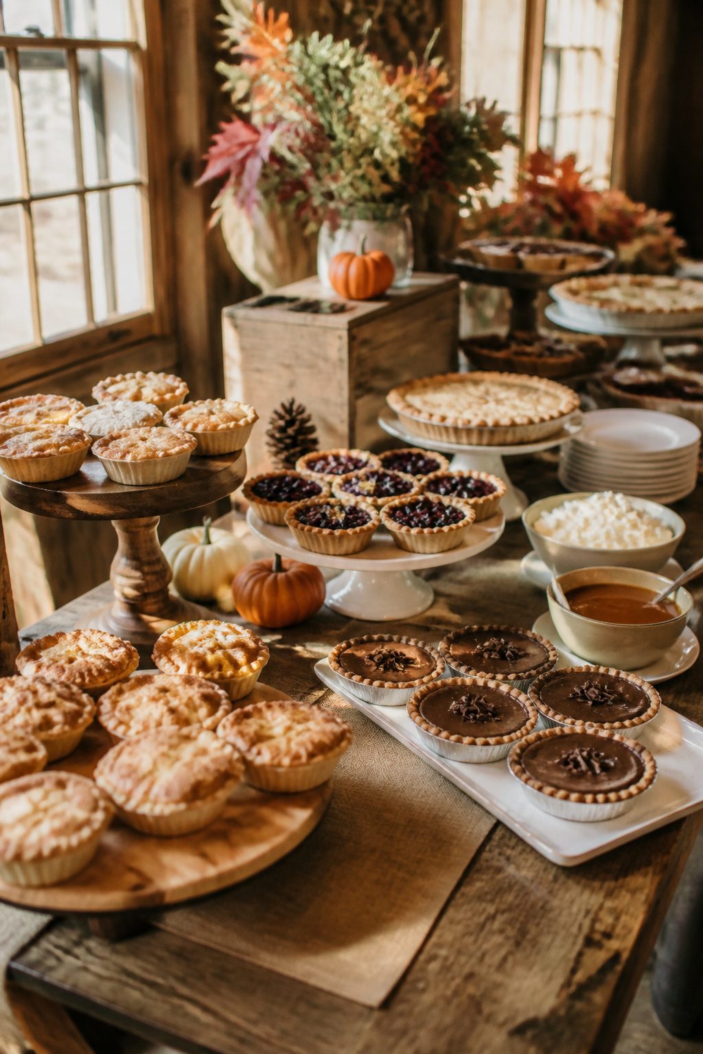 24 Wedding Station Ideas for 2026 Receptions 13 Mini pies and tarts arranged on a rustic wooden table.