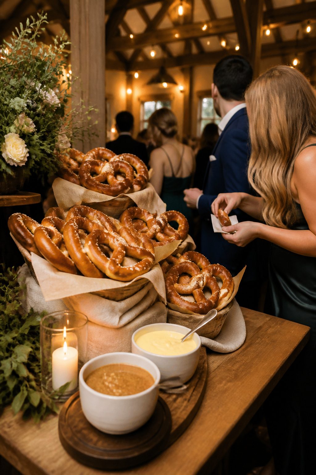 24 Wedding Station Ideas for 2026 Receptions 14 Golden pretzels with dipping sauces displayed on a table.