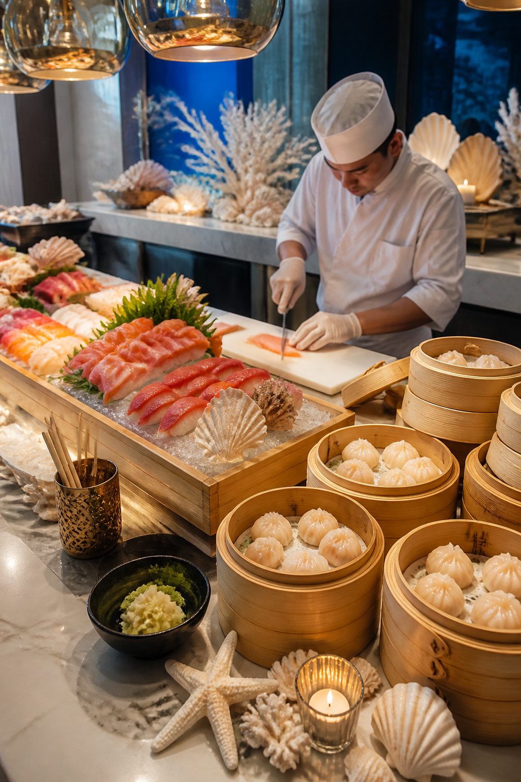 24 Wedding Station Ideas for 2026 Receptions 4 Fresh sushi and dim sum displayed on ice and bamboo baskets.