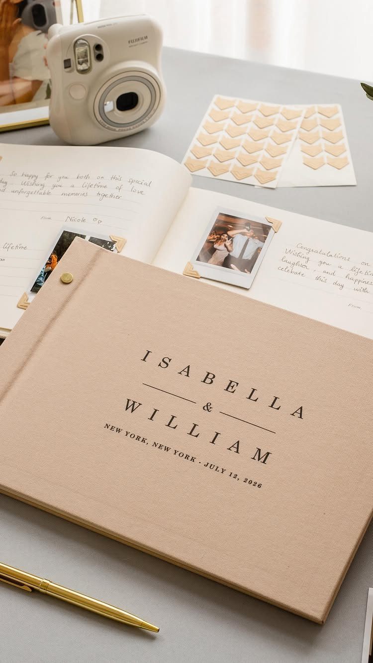 A tan linen wedding guest book with photos and handwritten messages inside on a table.