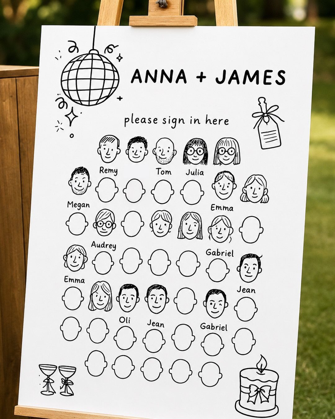 A white wedding guest book sign on an easel with hand-drawn faces and names.