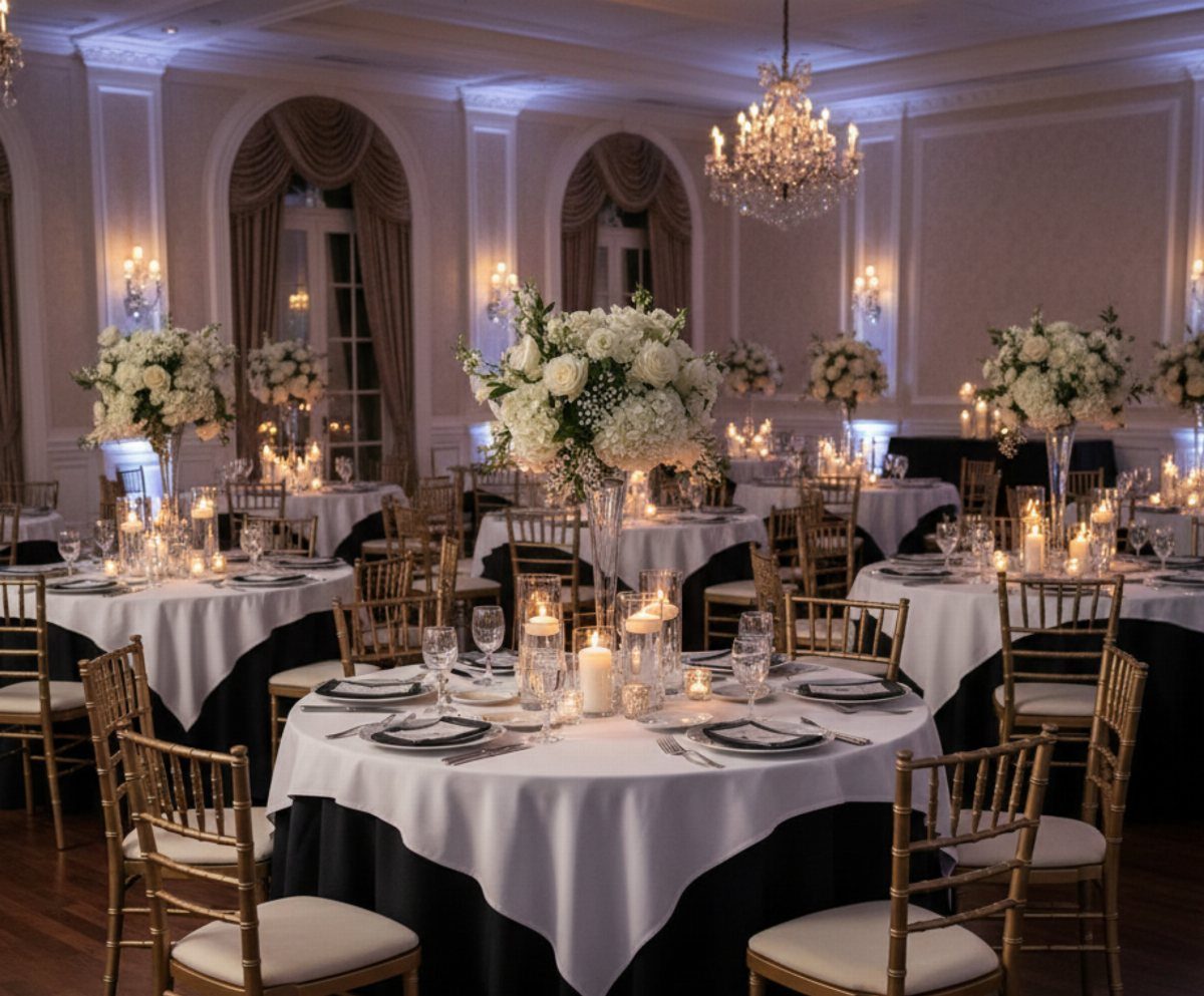 Round banquet tables featuring black tablecloths with white overlays and white floral centerpieces in a ballroom.
