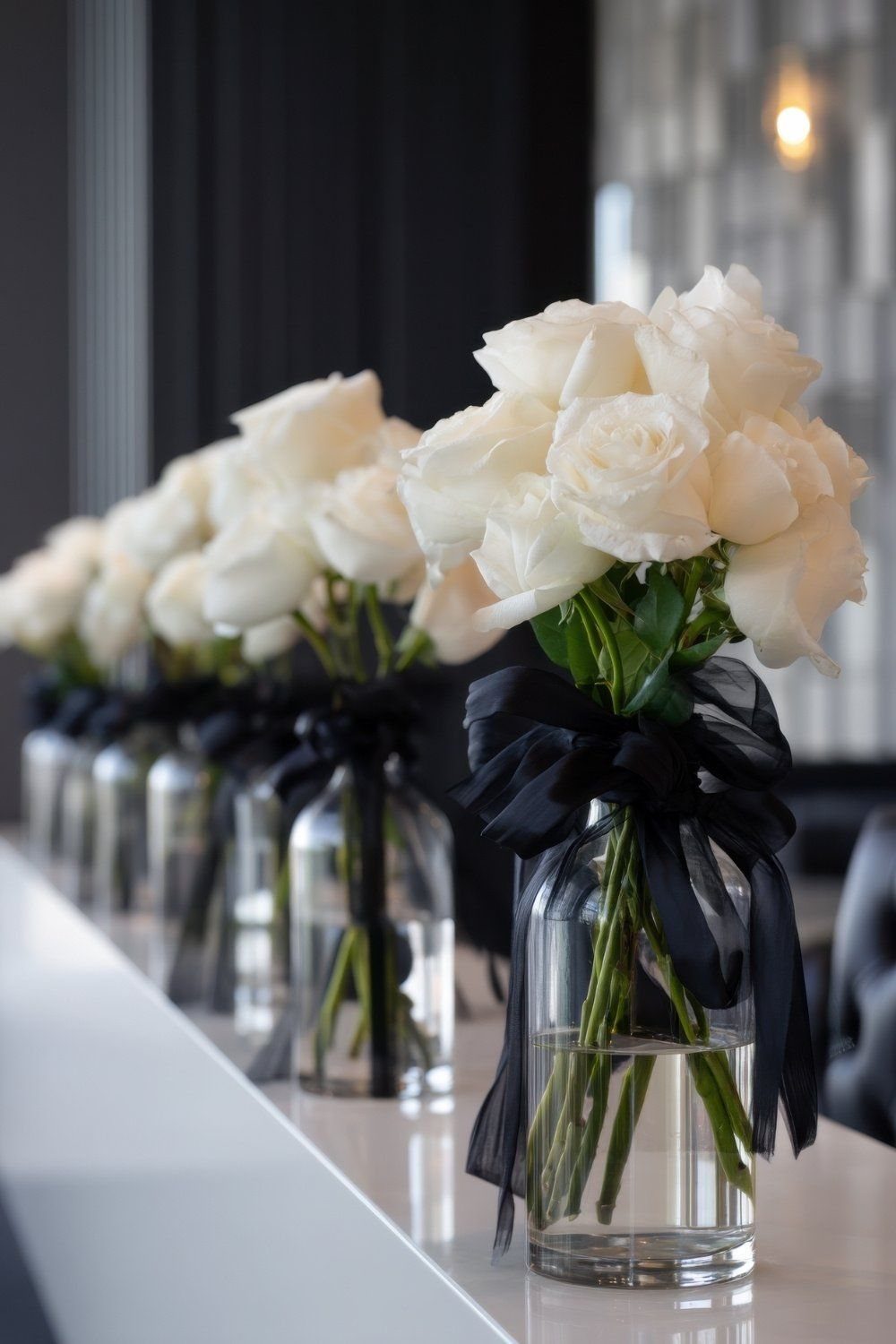 White roses in glass vases tied with black ribbons arranged in a row on a white table.