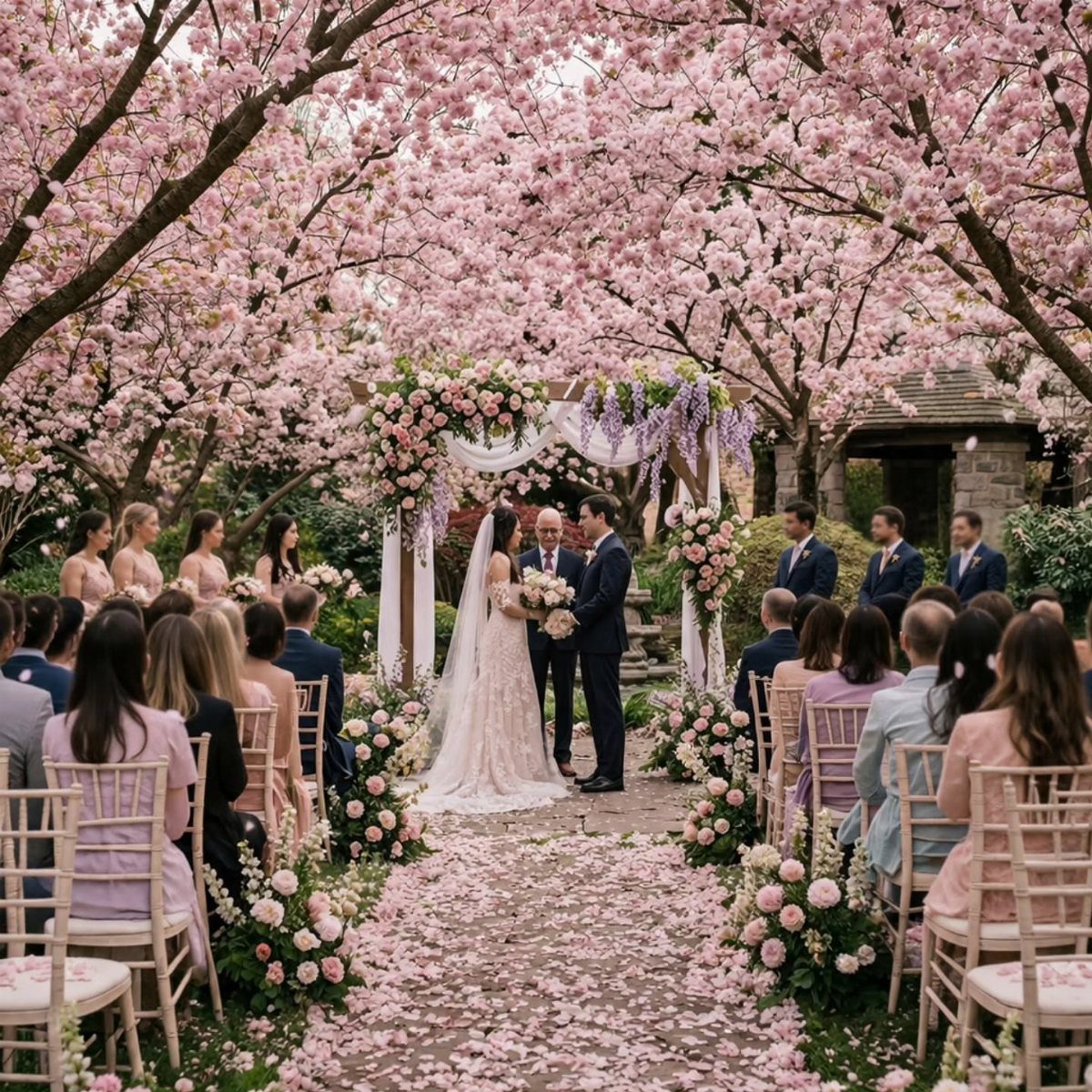 20 Spring Wedding Theme Ideas for 2026 4 A bride and groom exchange vows under a canopy of blooming pink cherry blossom trees.
