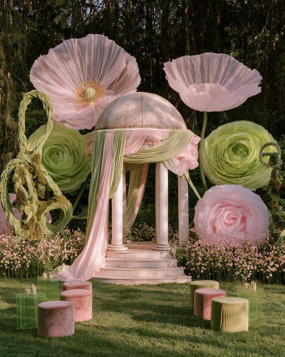 20 Spring Wedding Theme Ideas for 2026 13 A white domed gazebo decorated with pink and sage green fabric among giant fabric flowers.