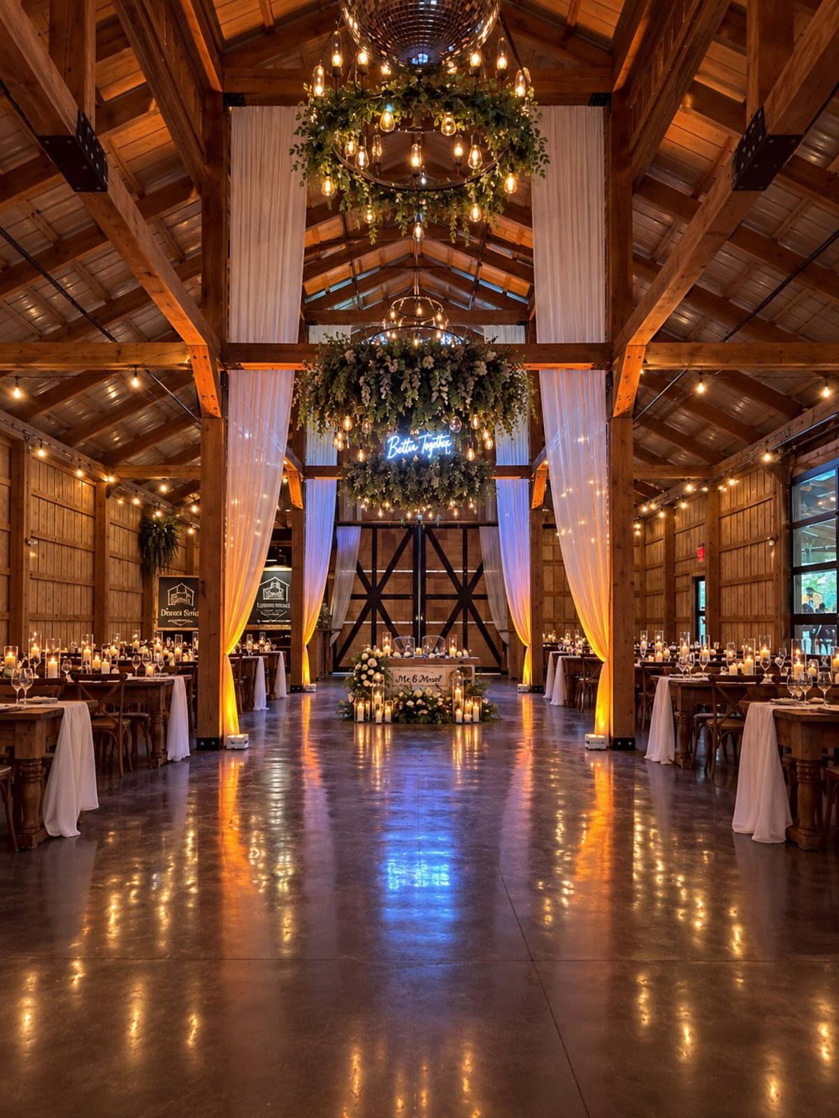 20 Spring Wedding Theme Ideas for 2026 8 Interior of a rustic barn wedding venue with wooden beams, hanging greenery, and decorated dining tables.
