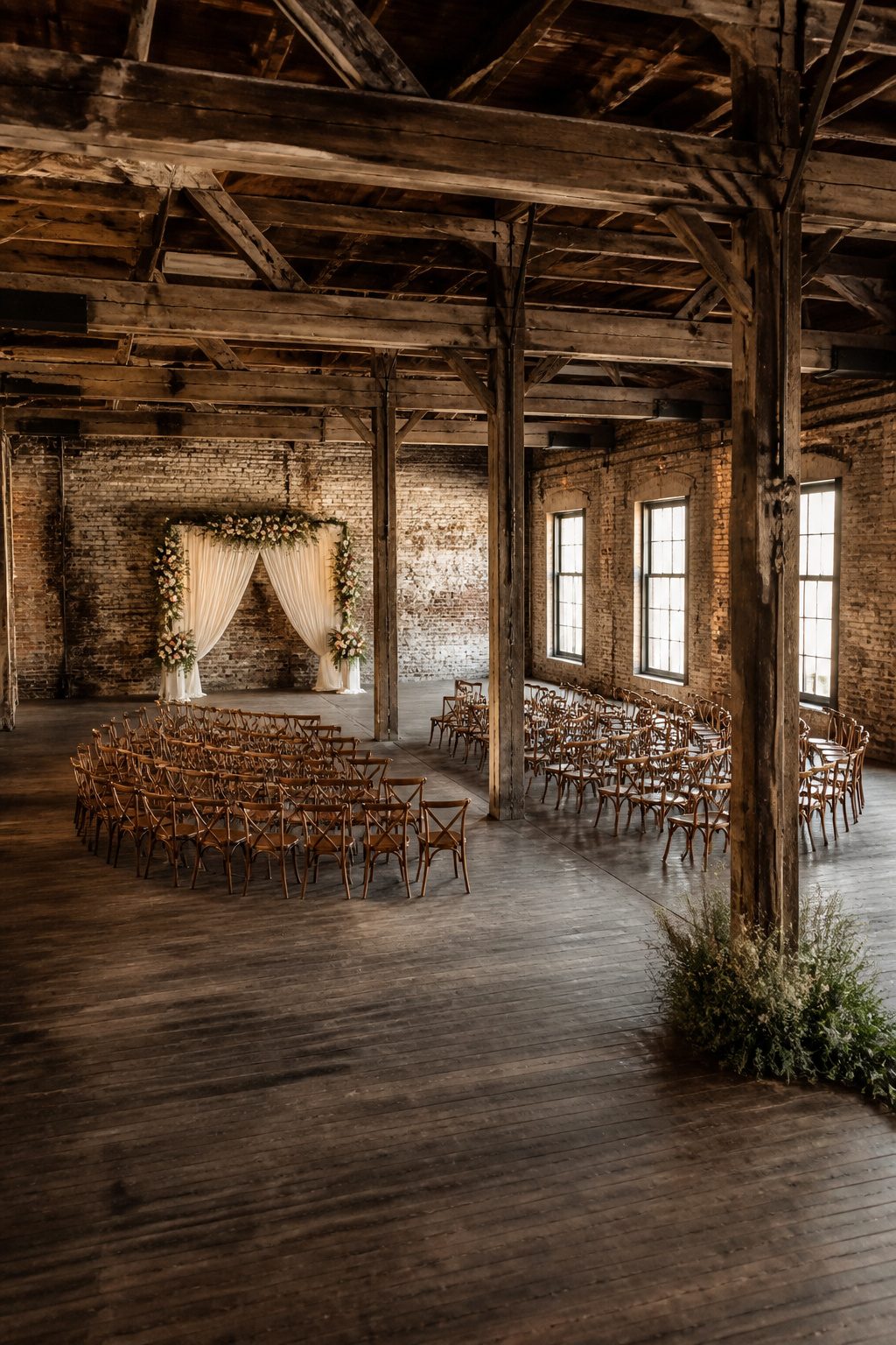 9 Indoor Wedding Venue Ideas for 2026: From Warehouses to Museums 1 Interior of Block 41 showing brick walls and wooden beams.