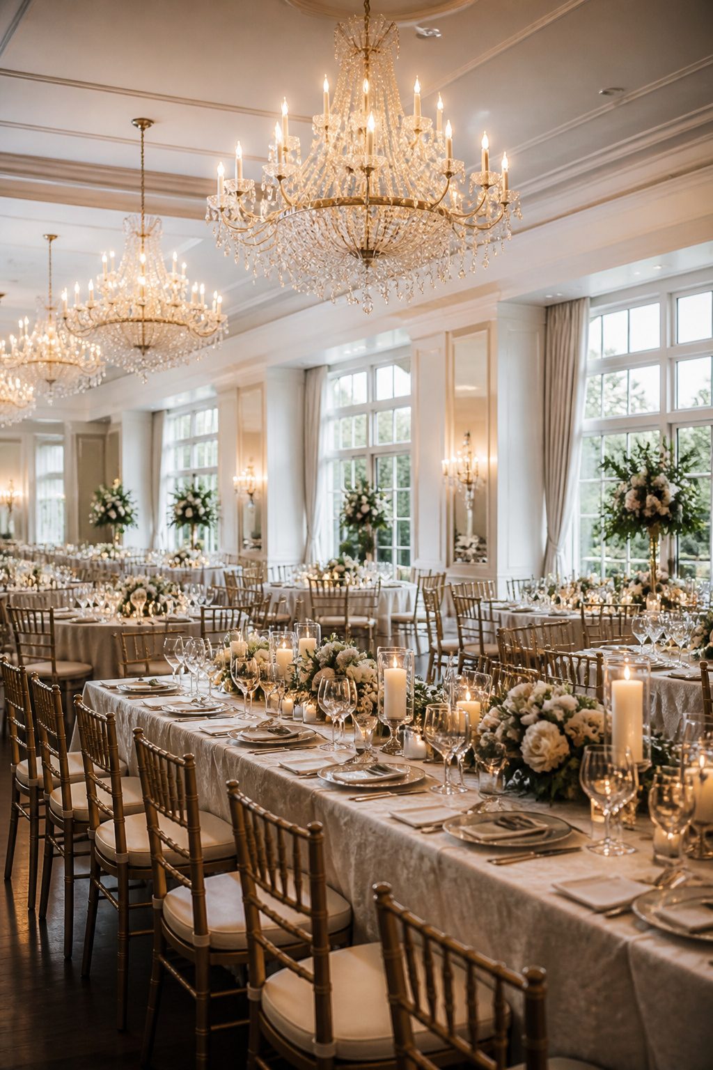9 Indoor Wedding Venue Ideas for 2026: From Warehouses to Museums 8 Elegant hall at Chandelier Event Venue with chandeliers and long tables.