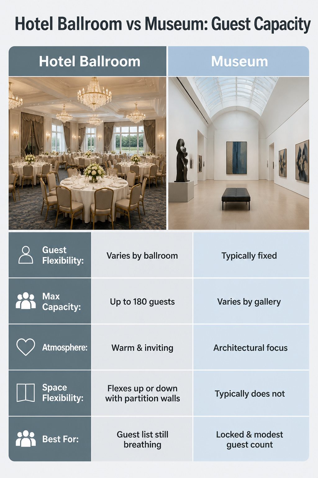 9 Indoor Wedding Venue Ideas for 2026: From Warehouses to Museums 11 Comparison image of a hotel ballroom and a museum space.