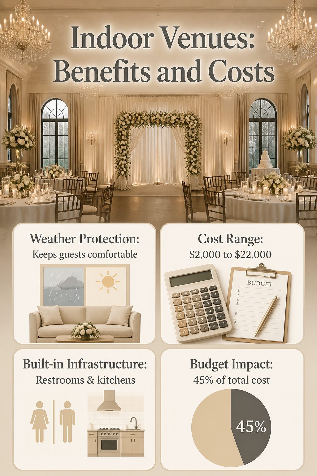 9 Indoor Wedding Venue Ideas for 2026: From Warehouses to Museums 10 Graphic showing benefits and costs of indoor wedding venues.