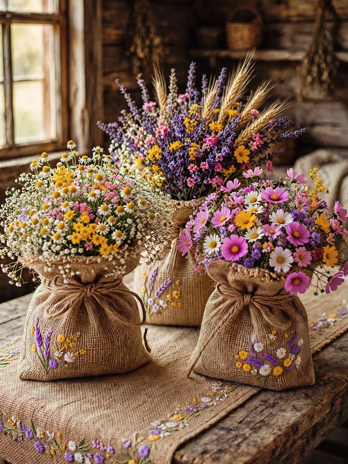 Three burlap sacks filled with colorful wildflowers sitting on a rustic wooden table.
