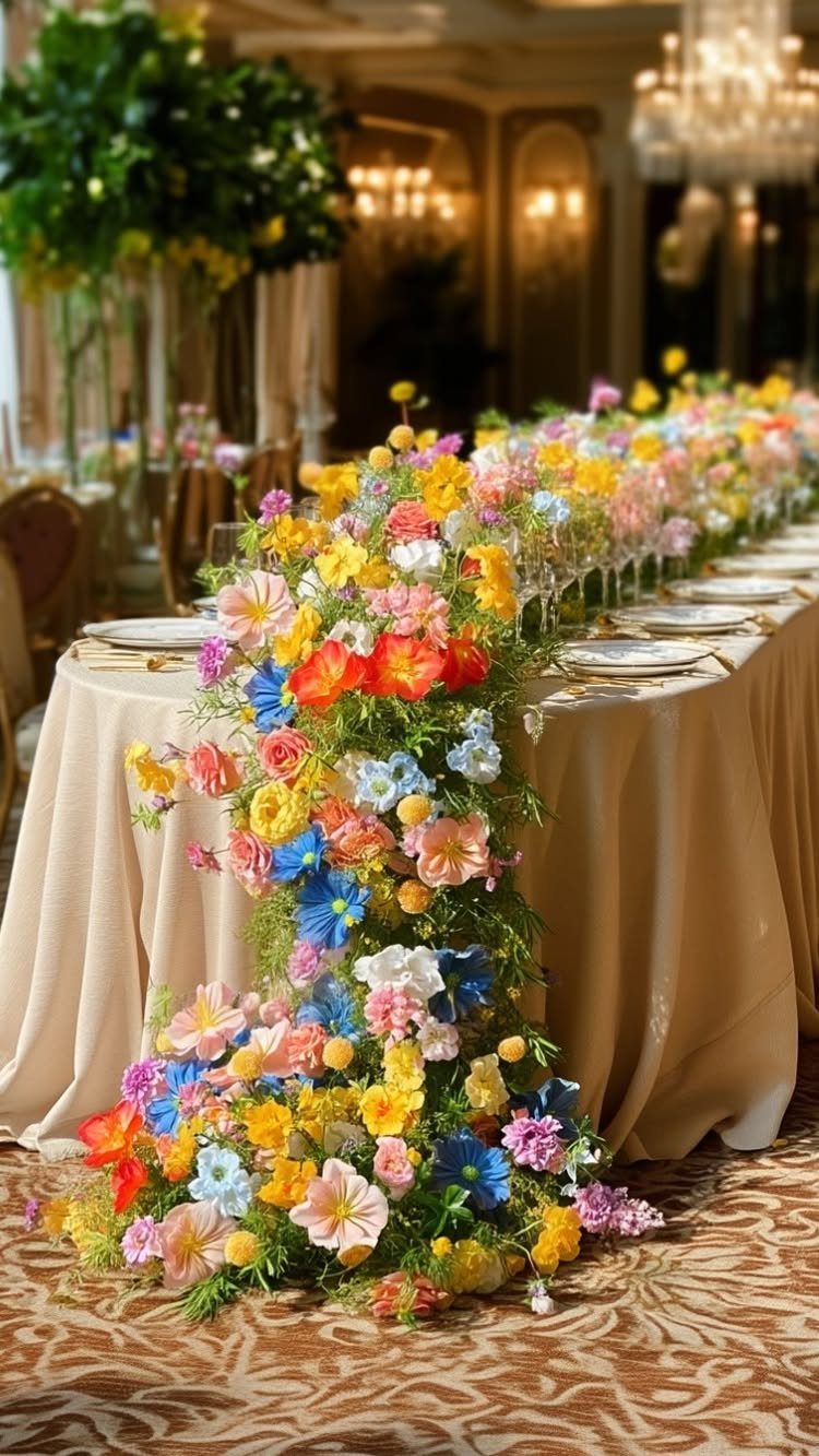 Colorful wildflower and green foliage garland cascading down a long banquet table.