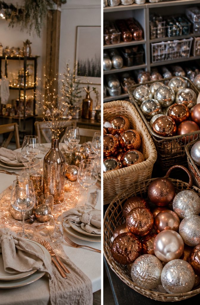Discounted string lights and metallic decorations on store shelves.