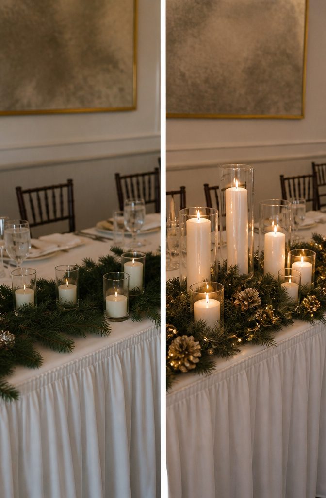 Clustered candles and spray-painted pinecones on a table.