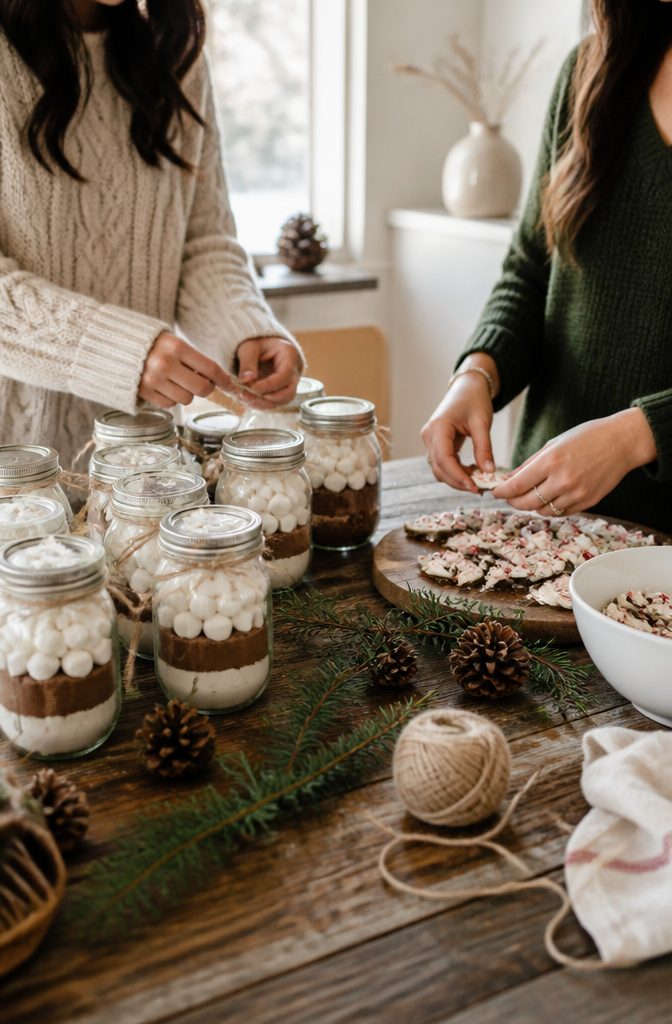Mason jars filled with hot cocoa mix and peppermint bark on a table.