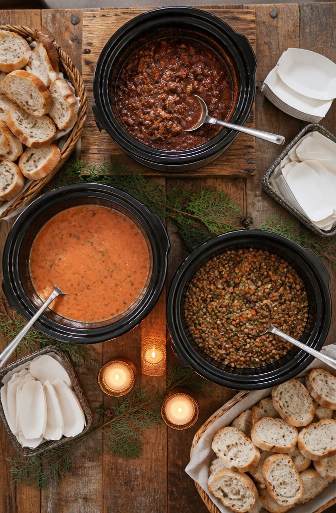 Crockpots filled with chili and soup for a wedding reception.
