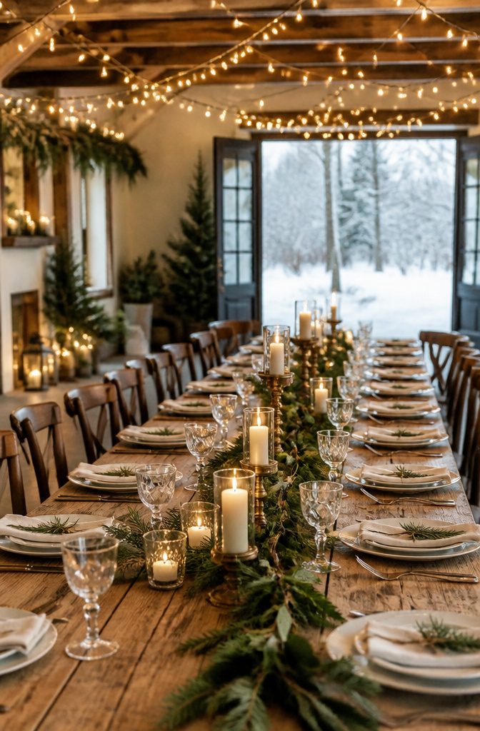 A long wooden table adorned with place settings and greenery.
