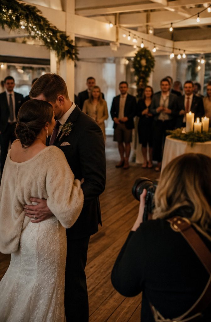 Guests laughing and mingling at a cozy winter wedding reception.