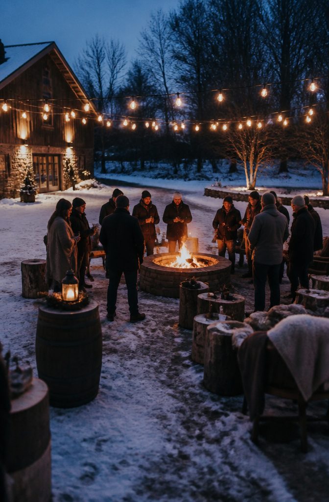 Guests roasting marshmallows at a fire pit for s'mores.