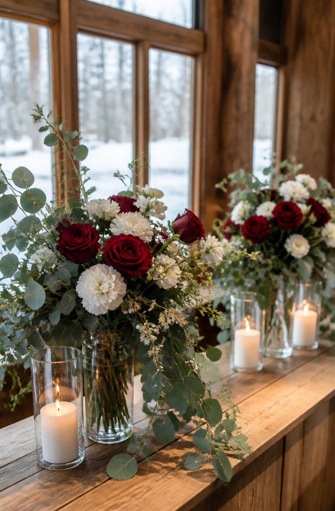 Floral arrangement with red roses and silver dollar eucalyptus.