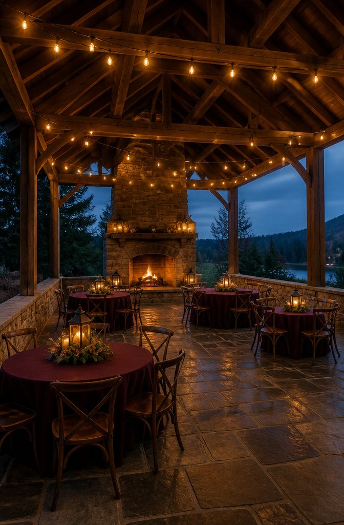 A rustic venue featuring a stone fireplace and wooden beams.