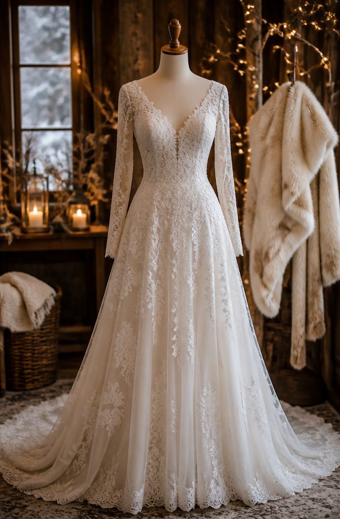 A bride in a long-sleeve gown with a faux fur wrap.