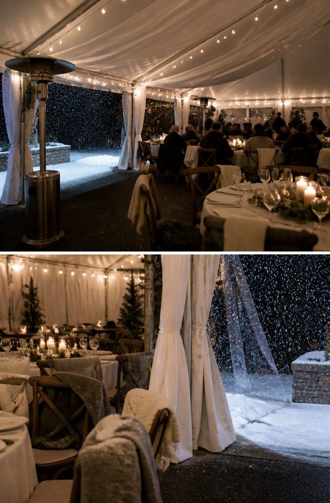 A wedding setup with heaters and blankets in a cold venue.