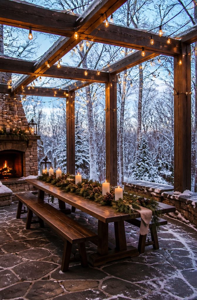 Garlands made of evergreen branches and pinecones on a table.